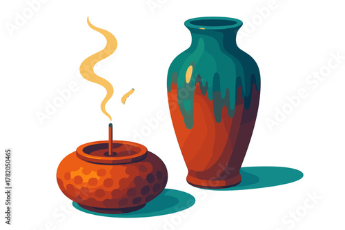 Decorative ceramic vase placed next to an incense burner with aromatic smoke rising