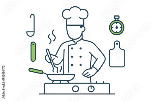 Professional chef cooking food in a frying pan surrounded by kitchen tools and a timer icon