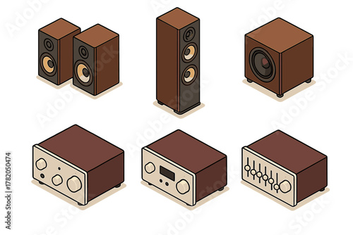 Isometric home audio equipment set with speakers, subwoofer, and stereo receivers