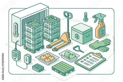 Isometric view of cold storage equipment, fresh produce, and food safety tools