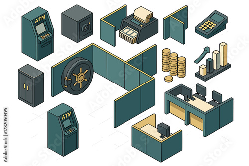 Isometric set of banking and financial elements including ATM machines, vault door, safe, money counter, and desks