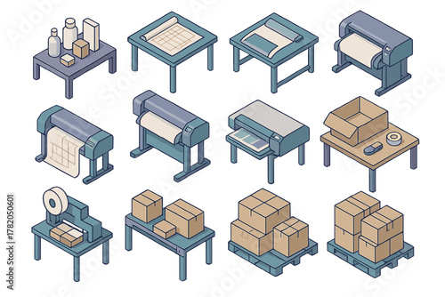 Isometric set of printing, packaging, and logistics equipment and supplies icons