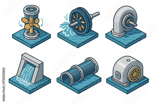 Hydroelectric power generation equipment featuring turbines, dam, and water flow elements