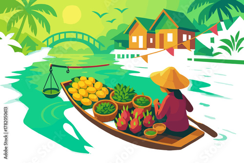 Vendor selling tropical fruits and produce from a wooden boat at a traditional floating market on a river