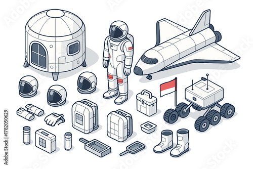 Isometric space exploration equipment featuring astronaut, shuttle, habitat, and rover components