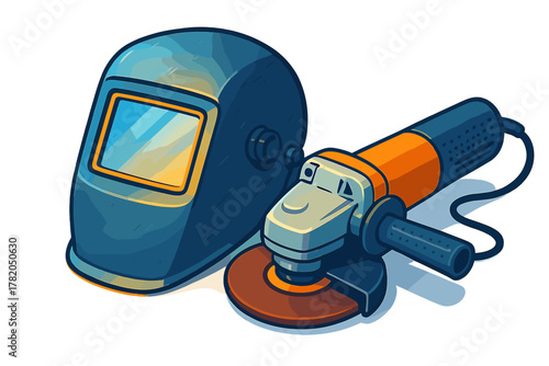 Welding helmet and angle grinder power tools for construction and metalwork