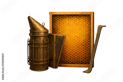 Vintage beekeeping tools including a brass smoker, wooden frame with golden honeycomb, and hive tool