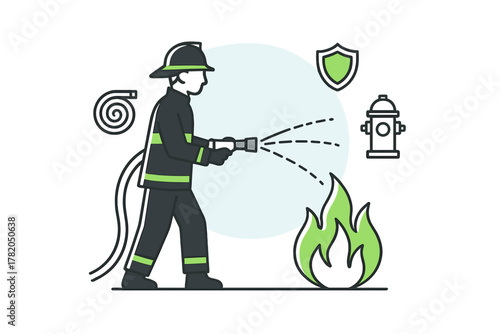 Professional firefighter extinguishing a green flame using a water hose near safety symbols