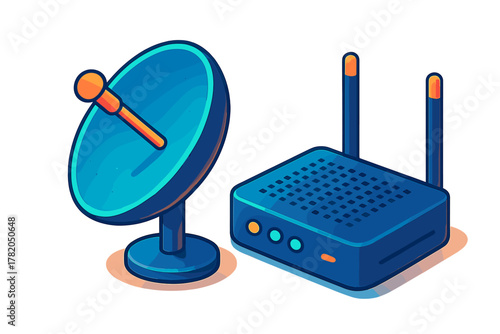 Blue satellite dish antenna and wireless internet router device representing global network connectivity