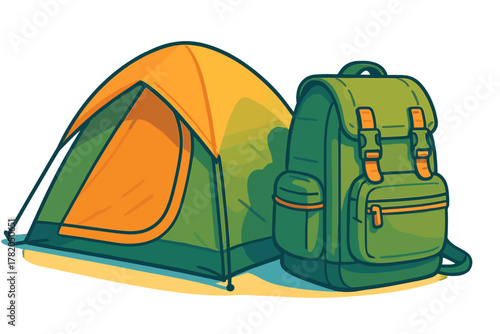 Bright orange and green dome tent pitched next to a large green rucksack ready for a wilderness expedition