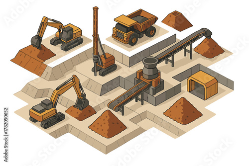 Isometric view of a quarry or mining site with excavators, dump truck, drilling rig, and conveyor belt system