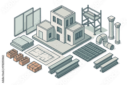 Isometric set of construction materials and architectural elements for building projects