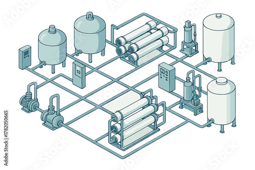 Isometric view of industrial water purification and filtration system with tanks and pumps