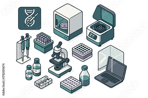 Isometric set of laboratory equipment for biotechnology and molecular biology research