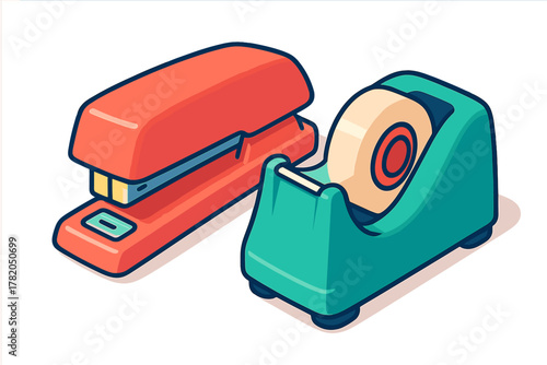 Colorful supplies set featuring a red stapler and a teal tape dispenser on a white background