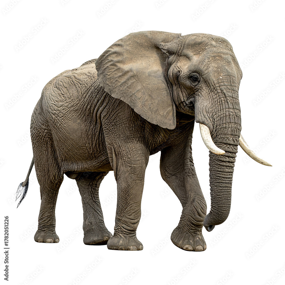 Fototapeta premium Majestic Elephant in Motion: This awe-inspiring image captures a massive elephant, in mid-stride, showcasing its immense size, textured skin, and powerful tusks.