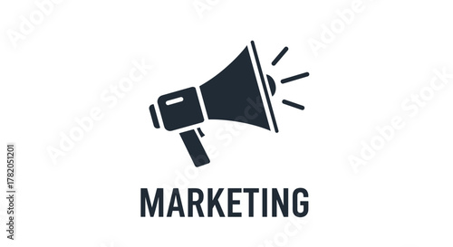 Iconic representation of marketing and customer relationship management, featuring a megaphone symbol and the word 'MARKETING' in bold typography, symbolizing communication, promotion, and business