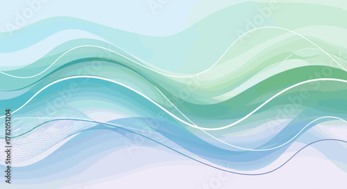 Abstract Wavy Lines Background with Flowing Wave Shapes and Minimalist Gradient Soft Forms, Featuring Water Curves, Fluid Waveforms, Mesh Patterns, and Outline Sound Elements in a Serene Blue and