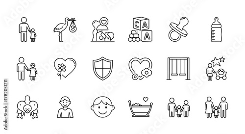 A collection of thin line icons representing child care, parenthood, and children's rights, perfect for International Children's Day, featuring symbols like a stork with a baby, family groups, a
