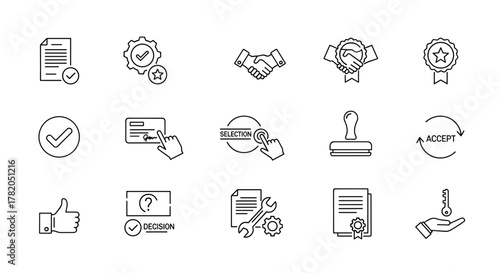 Approved and certified thin line icon set, containing validation, quality, agreement, badge, medal, license, checkmark, selection, accept, stamp, thumb up, decision, and key icons, representing