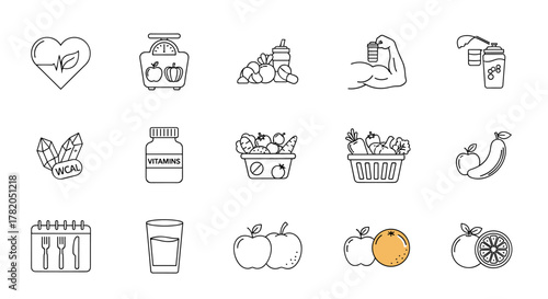 Vibrant and diverse nutrition icon set, featuring healthy food, diet, wellness, protein, vitamins, minerals, vegetables, water, meal planning, fruits, and more, all editable for versatile design