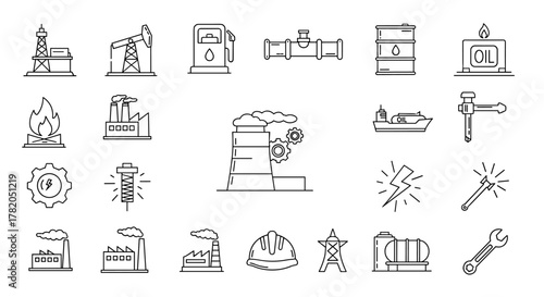 Collection of line icons representing the oil and gas industry, featuring elements like oil rigs, refineries, barrels, pipelines, gas stations, and transportation ships, symbolizing energy production