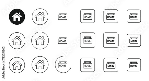 Collection of home icons for apps and websites, featuring a house symbol in filled, thin line, outline, and stroke styles. Includes home signs in circles and rounded squares, as well as main page