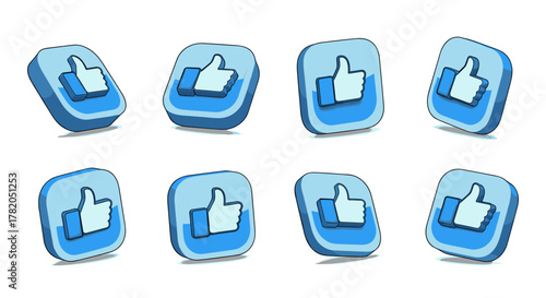 Set of eight 3D rendered social media "like" icons, presented from various angles against a clean white background, featuring a blue thumb-up symbol within a rounded square frame, ideal for digital