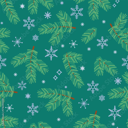 Christmas seamless pattern with pine branches and snowflakes. Green, brown and grey colors. Background for printing on fabric and paper. Festive endless wallpaper. Vector design for winter holidays.