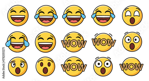 Collection of vivid yellow cartoon emoji faces expressing laughter with tears and surprise with 'WOW' text, isolated on a clean white background, perfect for social media elements and digital