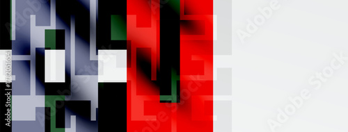 Abstract geometric composition. Rectangles overlap, creating complex visual texture. Colors include red, white, blue, green, gray.