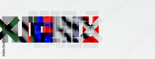 Abstract graphic design features fragmented text, bold colors, black background, white space. Minimalist composition, geometric shapes present.