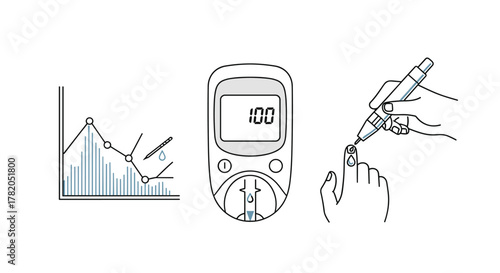 Close-up line art illustration of a blood glucose monitoring kit, featuring a glucometer displaying '100', a blood sugar trend chart with data points and a lancet, and a hand performing a finger