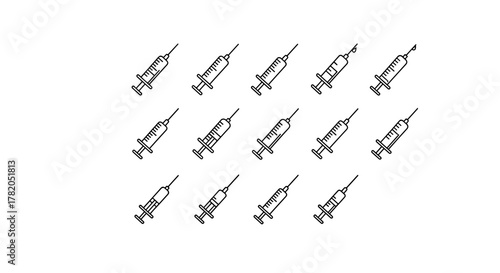 A collection of minimalistic line icons representing syringes, perfect for web and graphic design, apps, banners, social networks, and cards. These linear pictograms offer a clean and modern