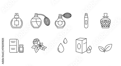 Collection of thin line icons representing perfume bottles, atomizers, skincare products, and natural elements like roses and leaves, perfect for web, print, and app design, editable stroke, isolated