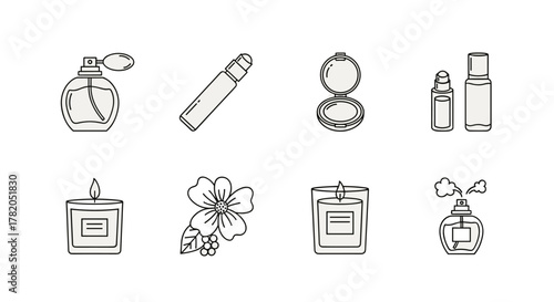 A collection of simple, thin-lined vector icons representing perfume bottles, rollerball perfume, compact powder, cosmetic bottles, scented candles, and a flower with berries, perfect for web, books