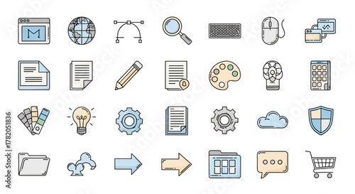 A vibrant collection of 30 web page-related line icons, featuring outline signs perfect for graphic and web design, app development, advertisements, and various cards. This vector cartoon