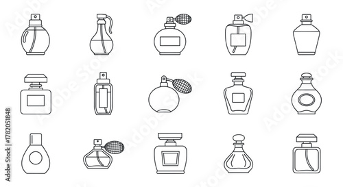 Collection of fifteen outline perfume bottle icons, perfect for graphic design, websites, cards, books, and articles, presented as a vector cartoon illustration on a white background, showcasing
