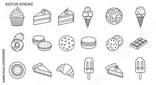 A delightful collection of outline-style pastry and sugary food icons, featuring a cupcake, cake slices, ice cream cones, donuts, macarons, cookies, chocolate bars, pies, croissants, and popsicles