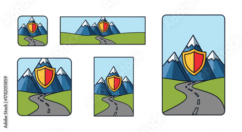 Vibrant cartoon illustration of a winding road leading through majestic blue mountains capped with snow, featuring a prominent red and yellow shield symbol symbolizing protection or security, set