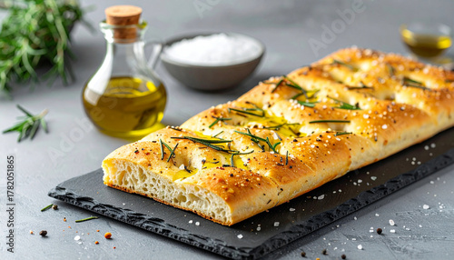 Delicious Focaccia Bread with Olive Oil and Rosemary Sprinkled with Coarse Salt