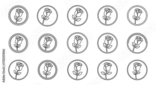 Set of 15 minimalist line art rose flower icons enclosed in double-lined circles, presented as a clean vector cartoon illustration on a white background, perfect for branding and design elements.