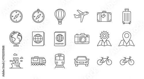 Set of travel and journey related line icons, including compass outline signs for graphic and web design, apps, adverts, various cards, vector cartoon illustration. This collection features essential