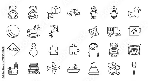 Set of outline icons related to children's toys, including teddy bears, building blocks, a car, dolls, a rubber duck, a ball, a rocking horse, a kite, a spinning top, a train, a puzzle, a jump rope