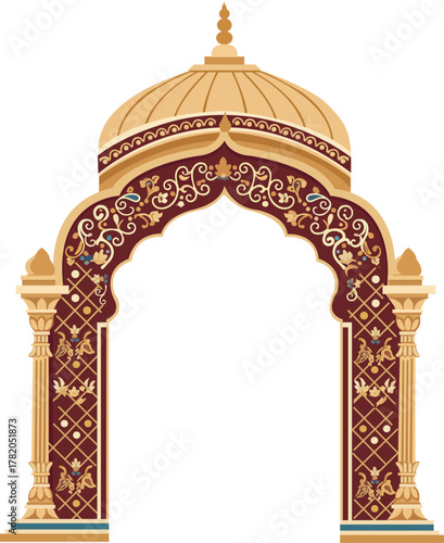 Ornate Mughal Archway Gate Decorative Design for Wedding and Event Invitations 