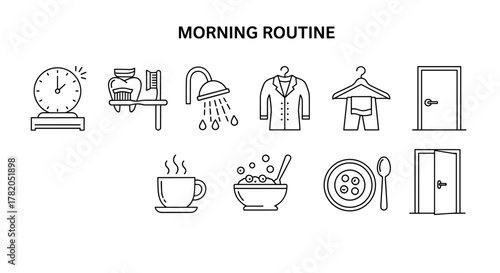 Morning routine line editable icon set, ordered line icon set on white background, editable stroke, vector illustration, simple icons for daily activities like waking up, brushing teeth, showering