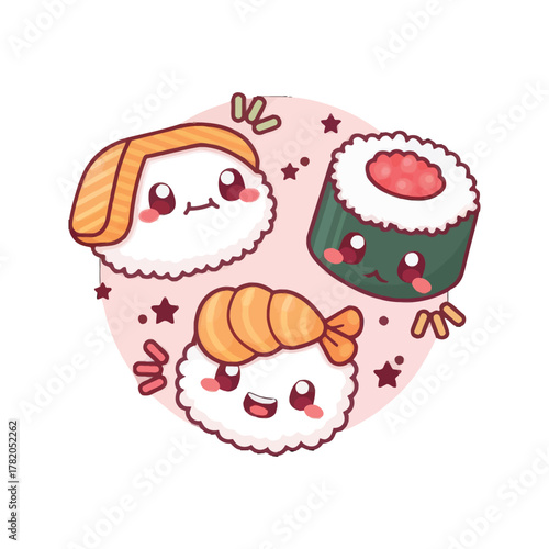 Cute Kawaii Sushi Characters Vector Illustration.