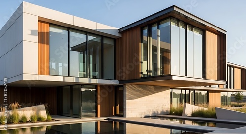 Modern Luxury Home with Reflecting Pool and Expansive Glass Windows.