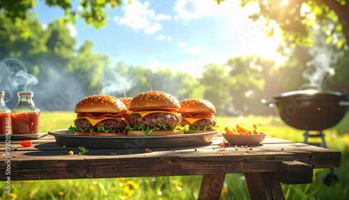Outdoor BBQ Picnic with Juicy Burgers and Fries on a Sunny Day