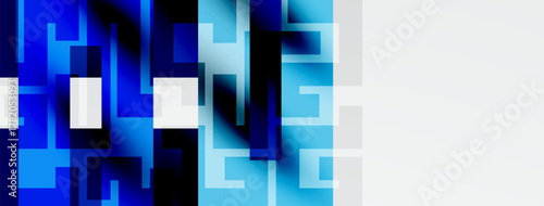 Abstract geometric pattern. Blue shades dominate, transitioning to white. Squares, rectangles create complex visual texture. Modern design element.